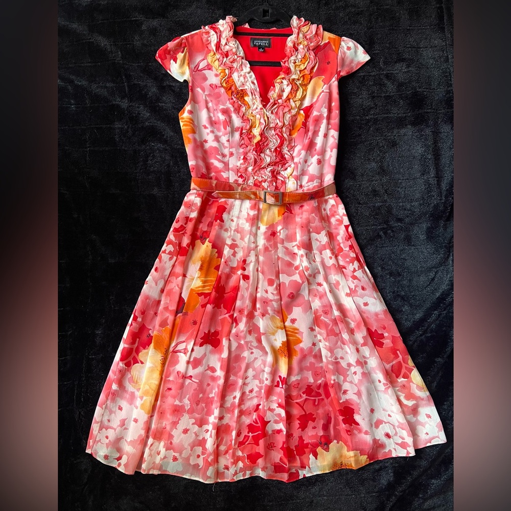 Adrianna Papell Orange/Pink Floral Dress with belt, size 4